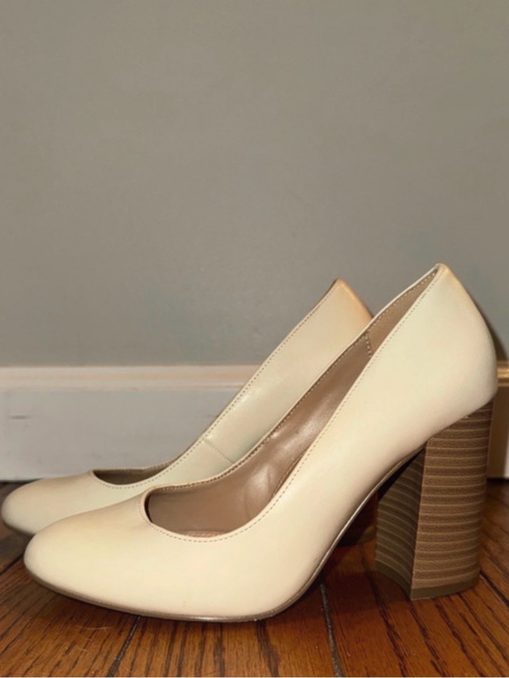 Women's Cream Block Heel Pumps - Classic Round Toe Dress Shoes